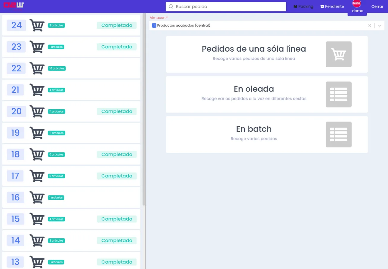 Pantalla de picking y preparación de pedidos en O2W